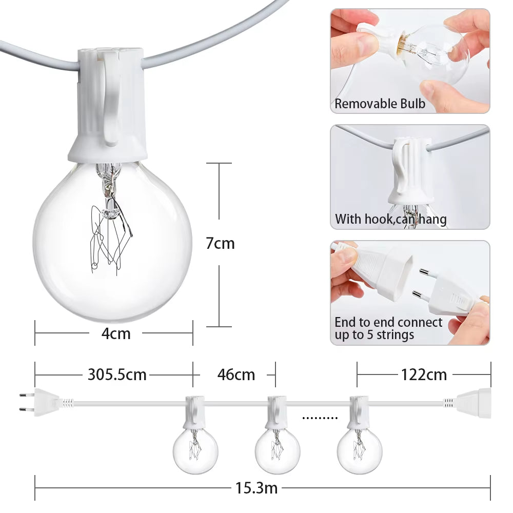 30M 15M Outdoor Light Garland White Cable Waterproof String Lights Street Bulb Garland for Garden Wedding Lights Decoration