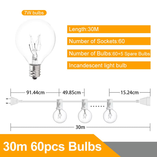 30M 15M Outdoor Light Garland White Cable Waterproof String Lights Street Bulb Garland for Garden Wedding Lights Decoration